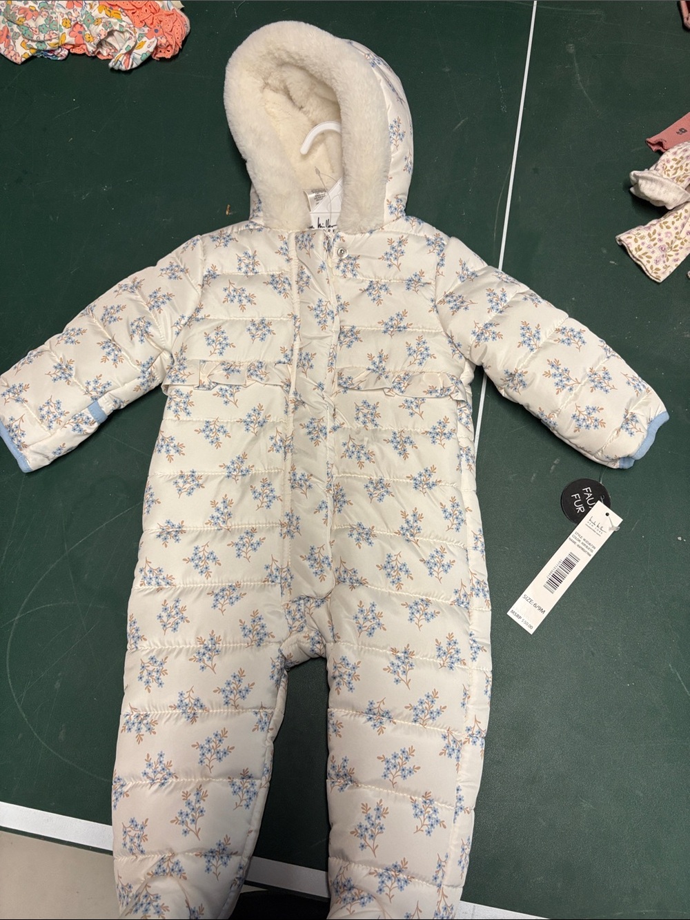 Plush-Lined Cream Floral Puffer One-Piece Snowsuit for Kids